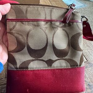 Coach Inspired Brown Signature Crossbody with Red Trim